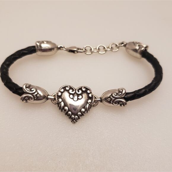 Brighton Heart Braided‎ Leather Bracelet Silver Valentine's Day Gift Jewelry - Picture 2 of 5